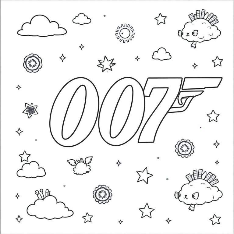 This coloring page features the 007 logo beneath a soft sky of clouds, simple and easy to color.