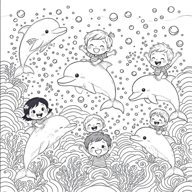 This coloring page features five dolphins giving the kids a ride in the ocean, surrounded by bubbles and underwater plants.