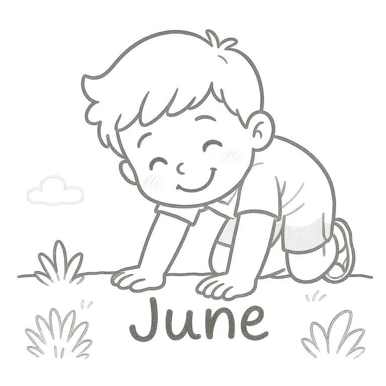 This coloring page features a young boy on his hands and knees, gazing at the word "June."
