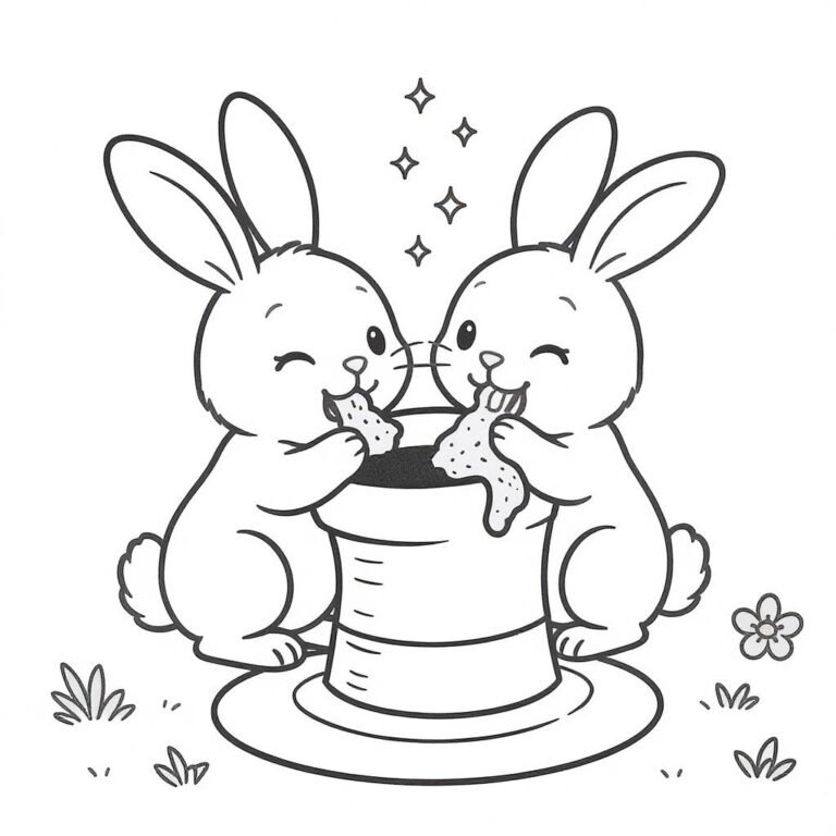 This coloring page features two bunnies sharing a peaceful snack break from a magician heart.