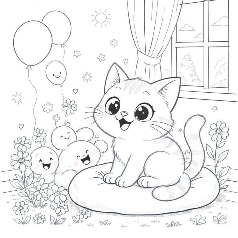 This coloring page features a cute cat surrounded by balloons and flowers.