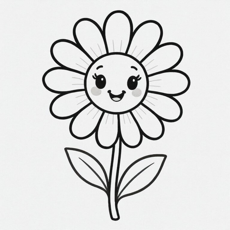This coloring page features a cute daisy flower with two leaves.