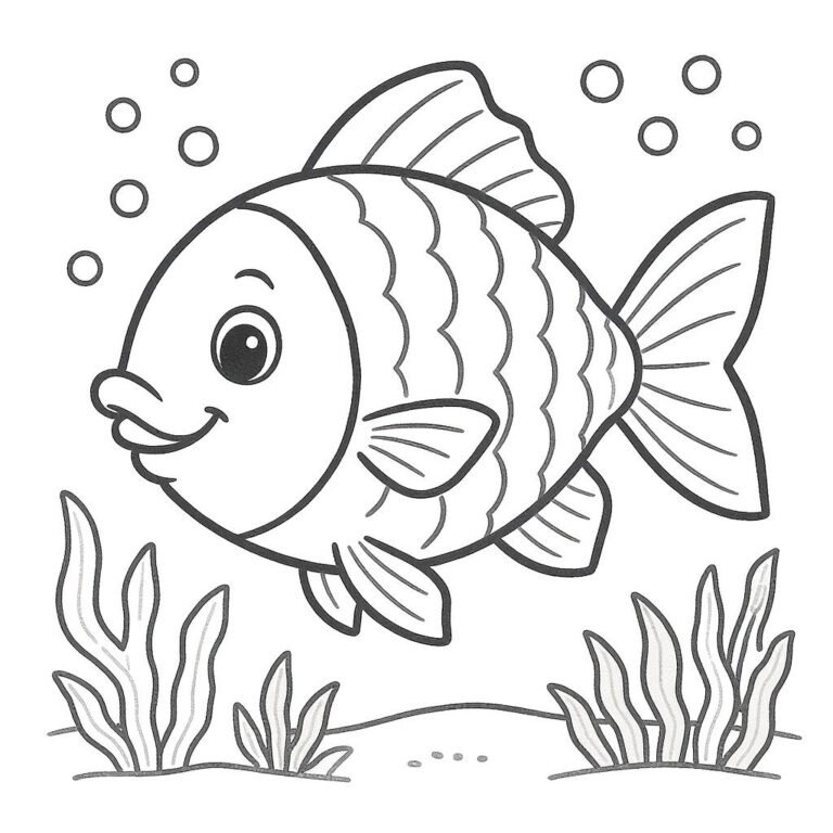 This coloring page features a fish swimming above seaweed, surrounded by water bubbles.