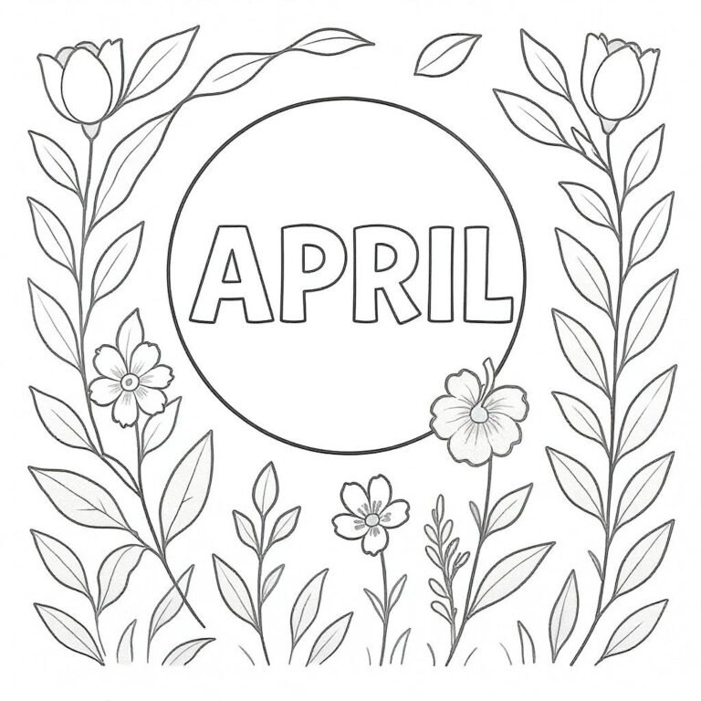 This coloring page features the word "April" centered inside a large circular frame of blooming flowers, leaves, and simple floral patterns.