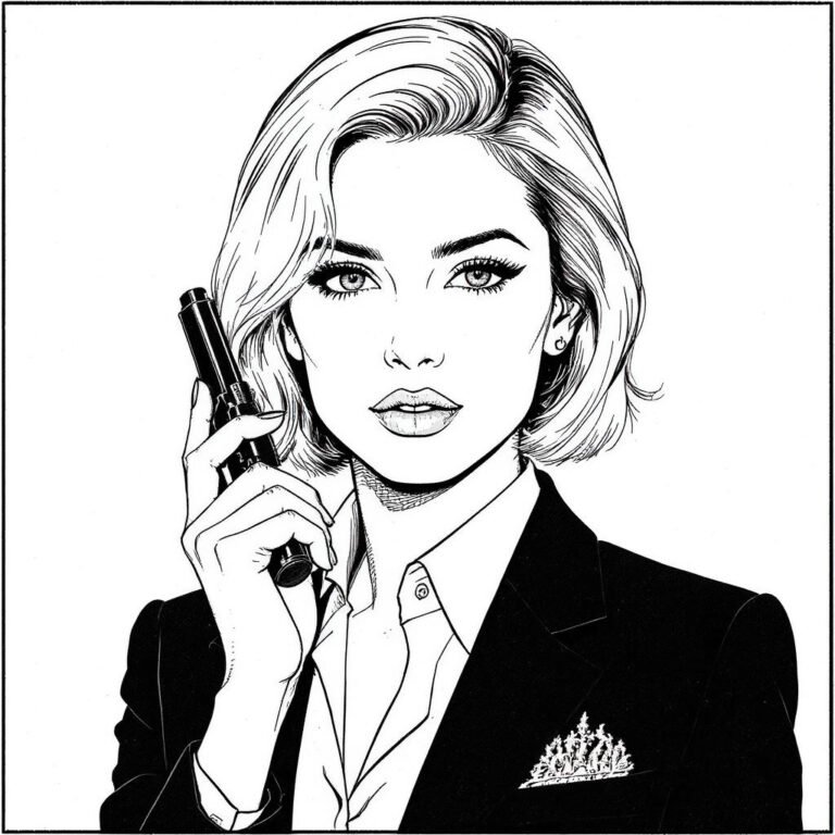 This coloring page features a sharply drawn female secret agent in black attire, with serious expression, symbolizing a 007-level agent.