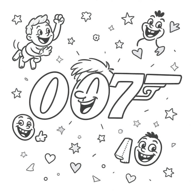 This coloring page features the iconic 007 logo surrounded by cheerful smiling faces and scattered stars, blending spy flair with playful, kid-friendly charm.