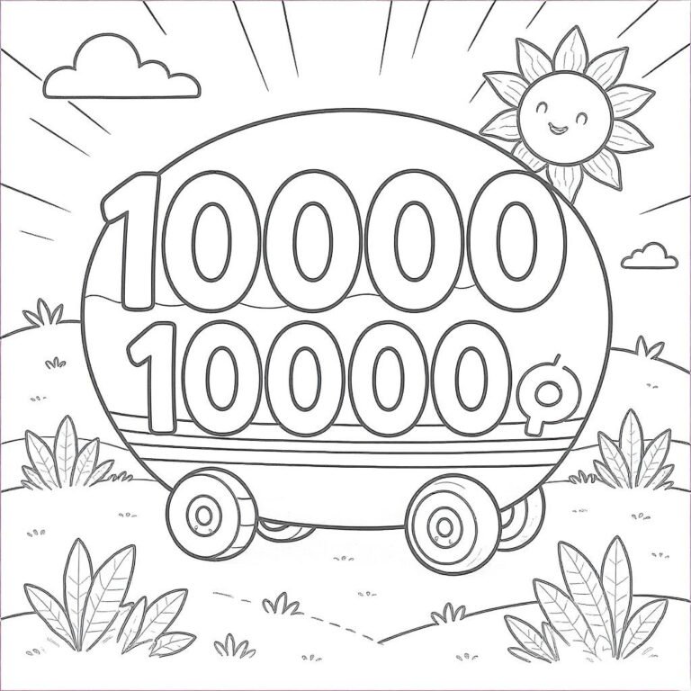 This coloring page features the number 10,000 inside a transparent van on a beautiful sunny day.