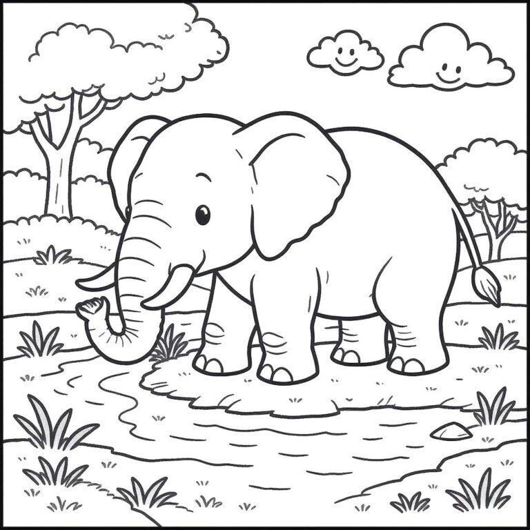 This coloring page features an elephant walking in a small pond surrounded by trees and grasses.