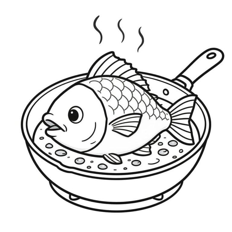 This coloring page features a fish sizzling in a frying pan.
