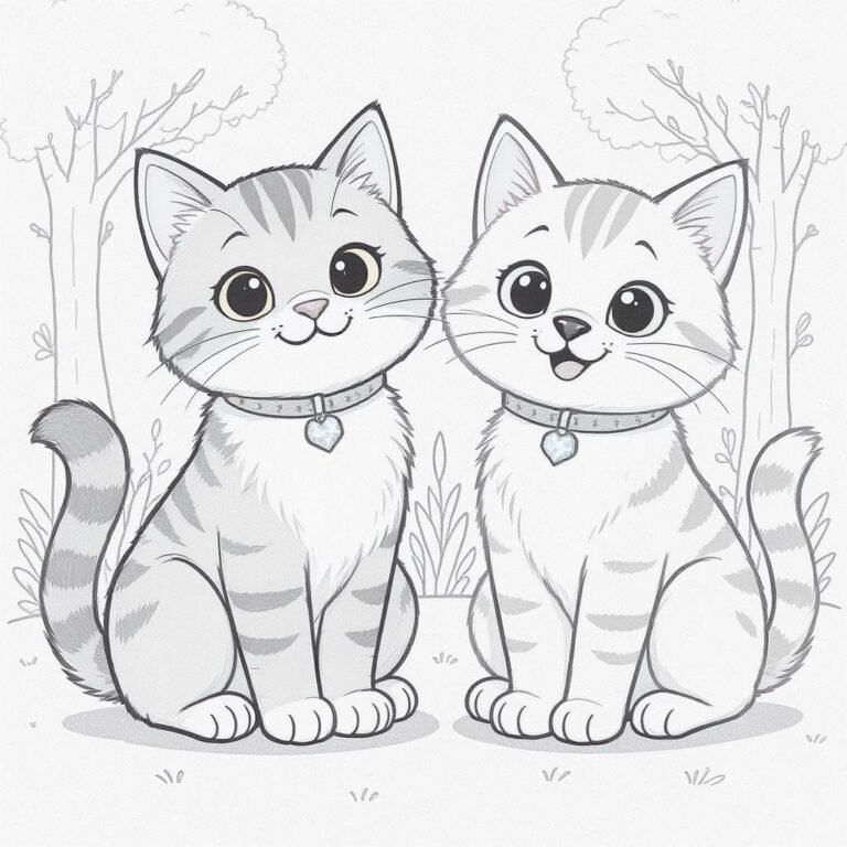This coloring page features two adorable cats sitting side by side, each wearing a name tag around their necks.