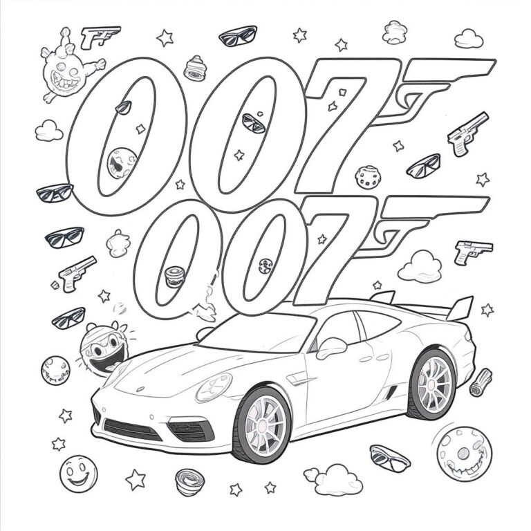 This coloring page features a spy car and themed icons around the 007 logo, hinting at a high-speed pursuit.