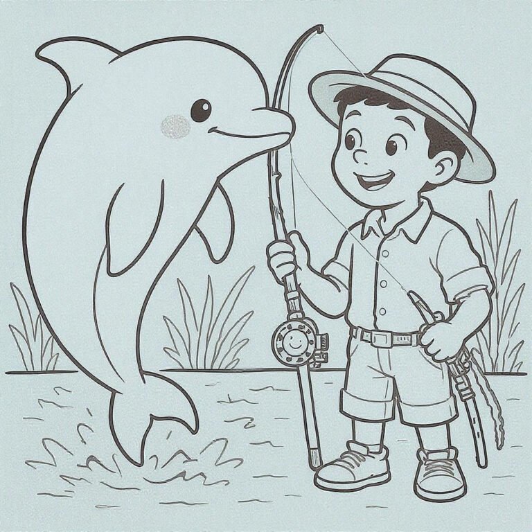 This coloring page features a dolphin and a boy with a fishing rod.