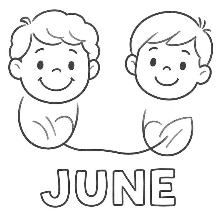 This coloring page features the faces of two young boys with the word "June" written below.