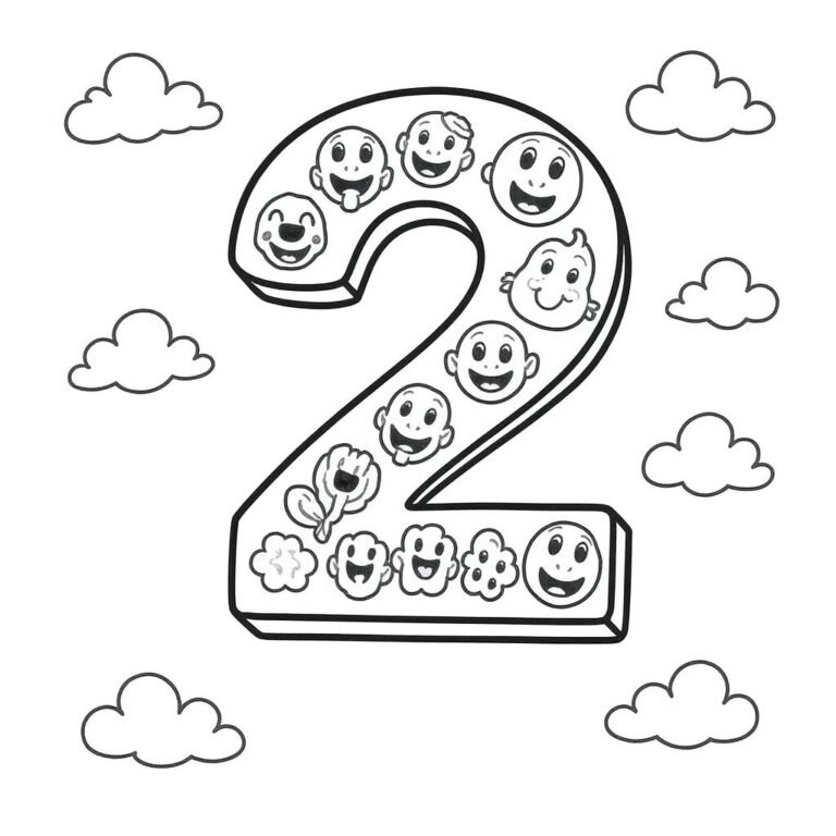 This coloring page features the number "2" with surrounding clouds, filled with emojis.