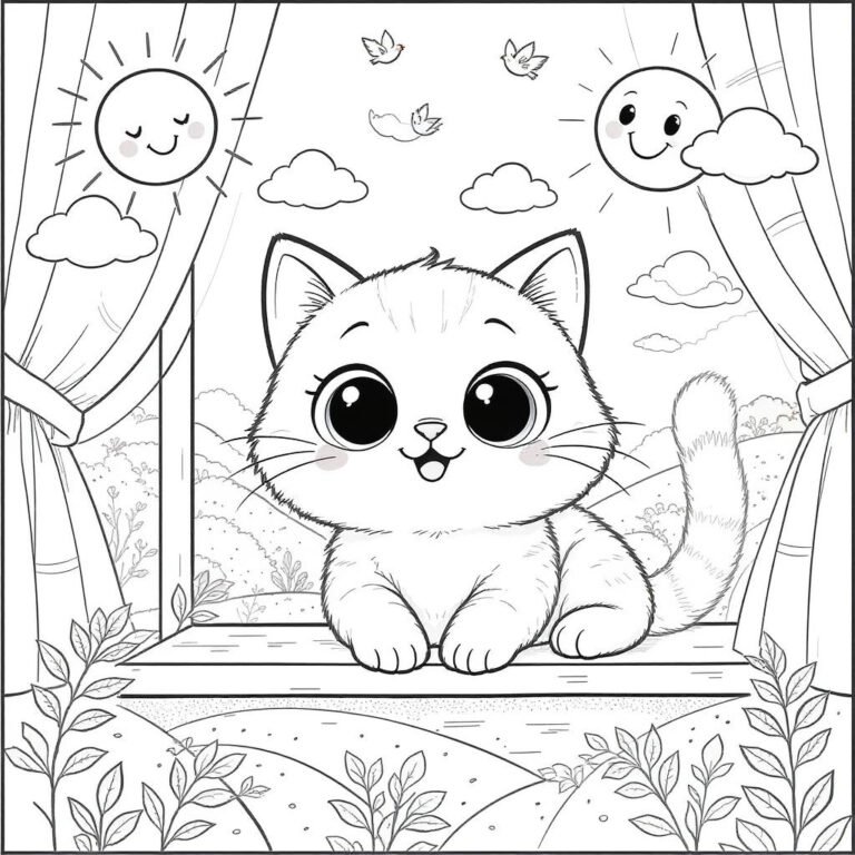 This coloring page features a cute, wide-eyed cat sitting peacefully by a window on a sunny afternoon.