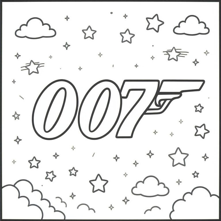 This coloring page features the 007 logo adorned with stars and symbols.