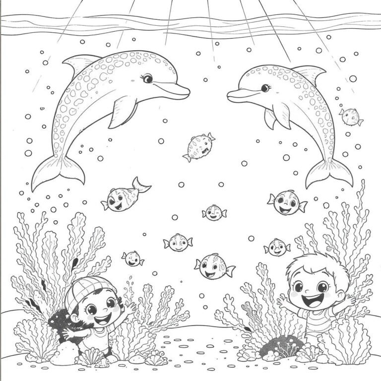 This coloring page features two dolphins underwater with two cheerful kids, surrounded by underwater plants and fish.