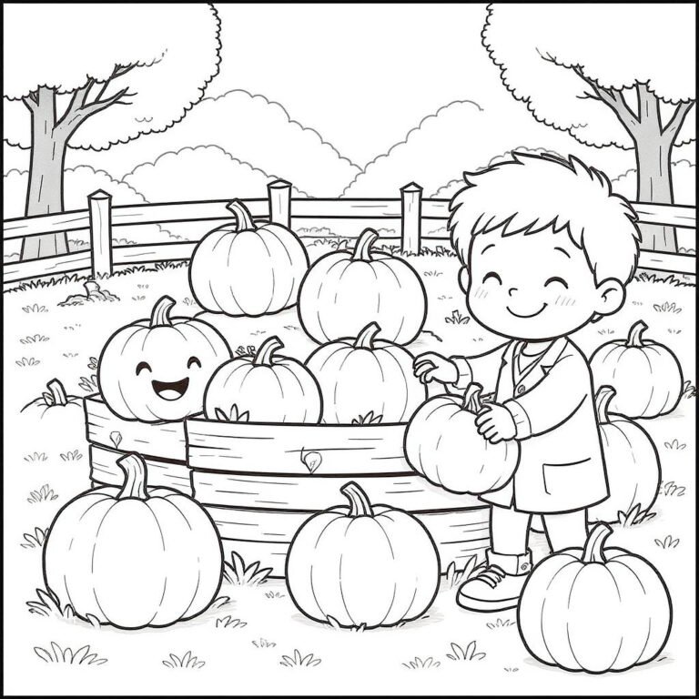 This coloring page features a boy with several jack-o’-lanterns.