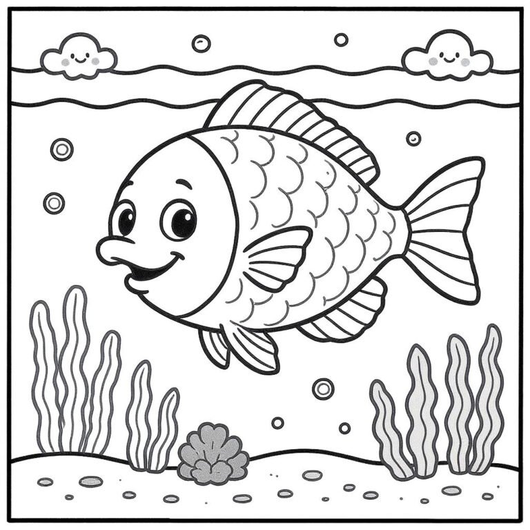 This coloring page features a fish gracefully swimming above seaweed, surrounded by water bubbles.