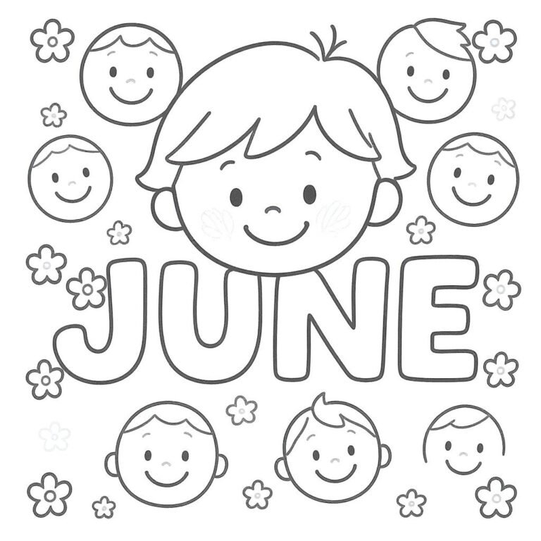 This coloring page features the word "June" with faces, surrounded by the word "flowers."