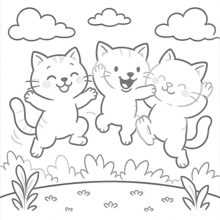 This coloring page features three cats playing and jumping beneath the fluffy clouds.