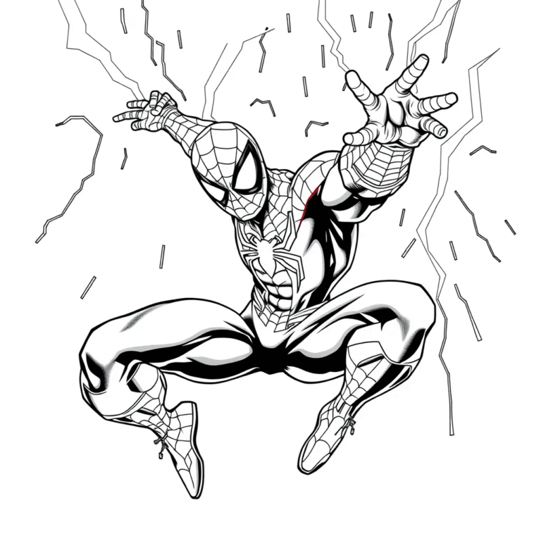 This coloring page features Spider-Man launching a precise web shot at a villain mid-air.