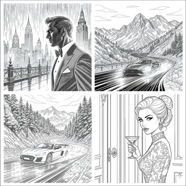 This coloring page features secret agents in an alpine landscape outside a hideout, suggesting a James Bond getaway scene.