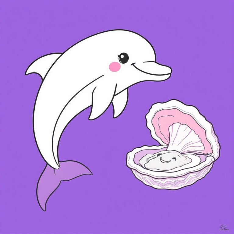 This coloring page features a dolphin and a large clam shell set against a purple background.