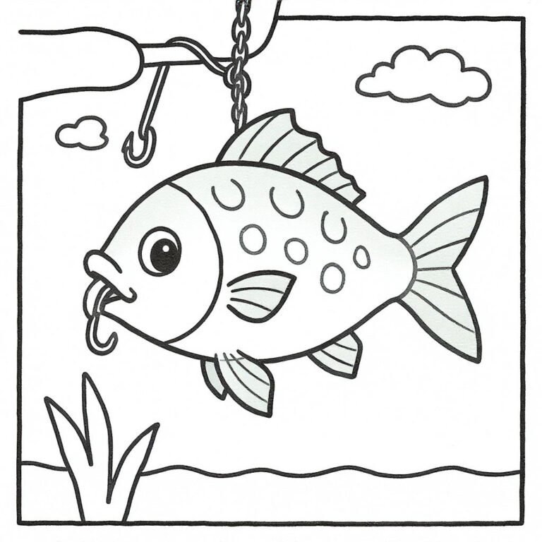This coloring page features a fish in the sea, caught on a fisher's hook.