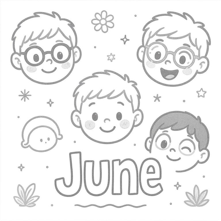 This coloring page features four happy faces with the word "June" at the center, surrounded by beautiful flowers.