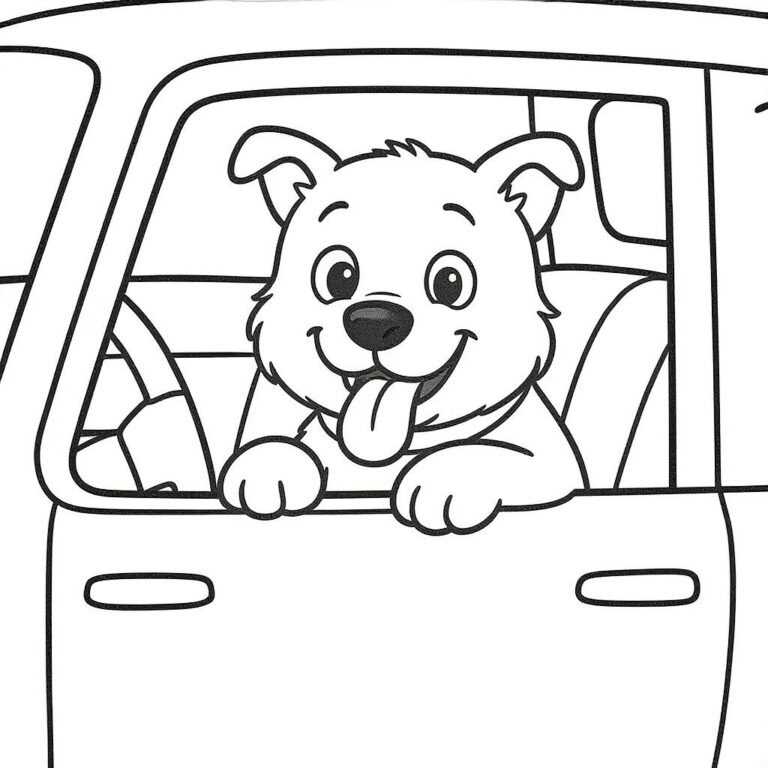 This coloring page features a dog with its head sticking out of a car window, enjoying the breeze.