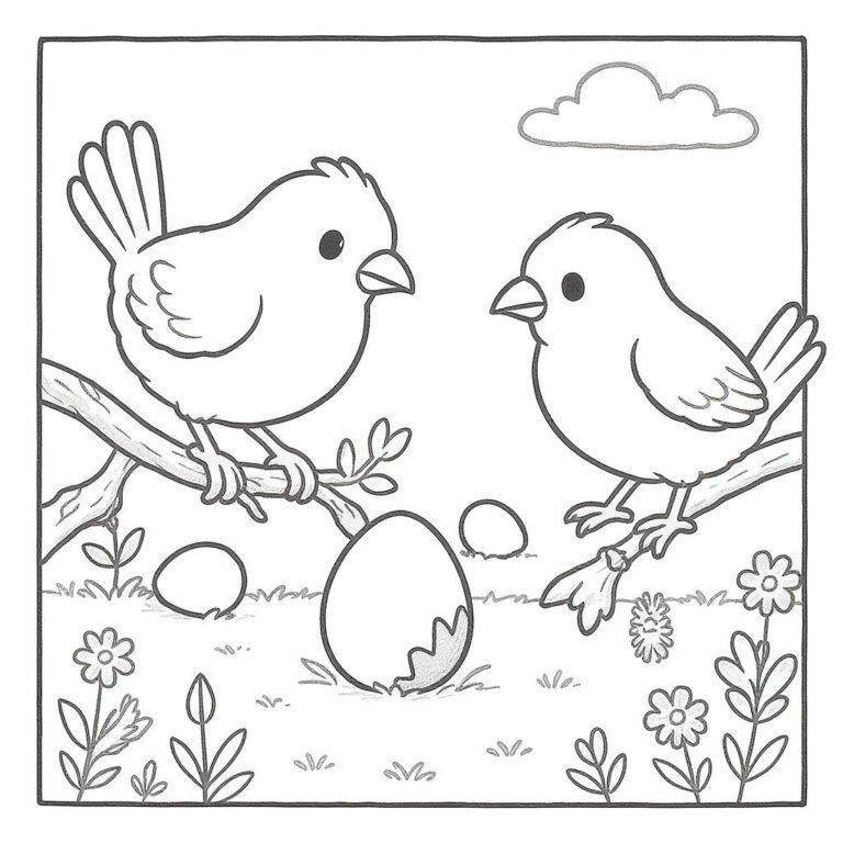 This coloring page features two birds perched on a tree branch and one egg between them.