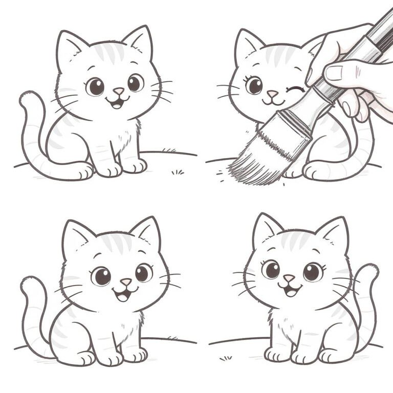 This coloring page features four adorable cats being painted by a hand holding a brush.