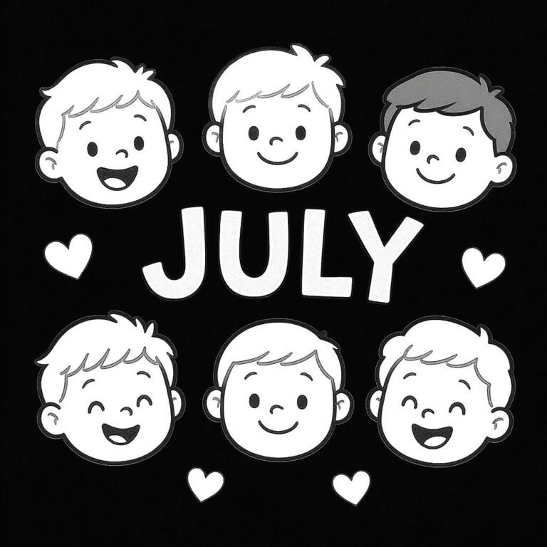 This coloring page features a bold black background with six bright smiling children's faces and the word "JULY" in the center.