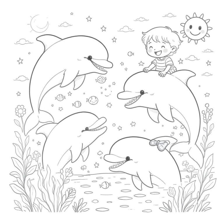 This coloring page features four dolphins having fun with a kid, surrounded by plants and fishes.
