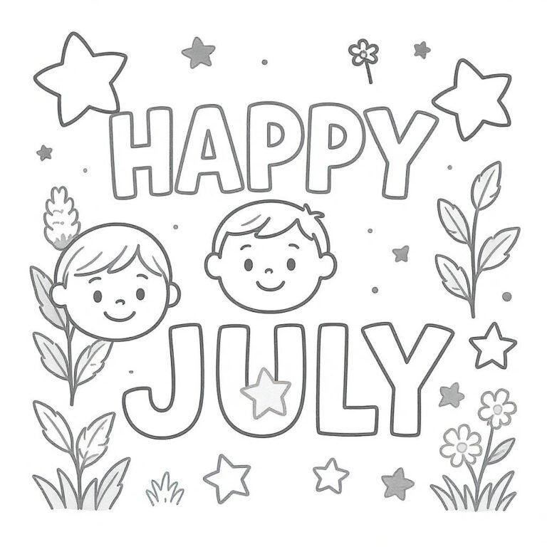 This coloring page features two smiling children surrounded by flowers, stars, and leaves, with the bold text “Happy July.”