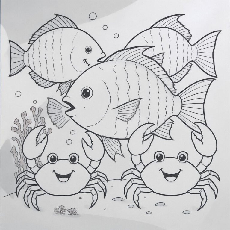 This coloring page features three fish and two crabs swimming in the sea.