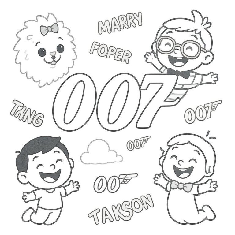 This coloring page features a cheerful group of kids near the 007 logo for a family-friendly spy take.