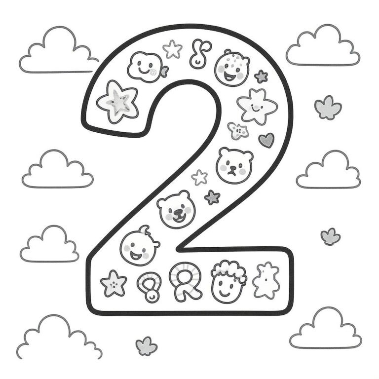 This coloring page features the number "2" with cartoon faces and various facial shapes inside the number, surrounded by clouds.