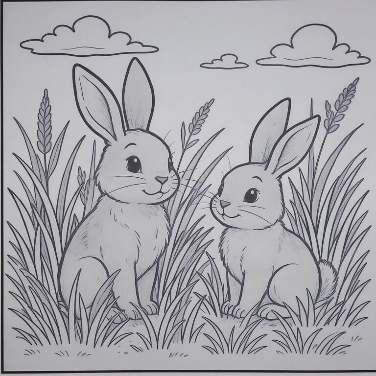 This coloring page features two adorable bunnies sitting opposite each other in a field of soft swaying grass, it's a quiet moment filled with love, fluff and sunshine.