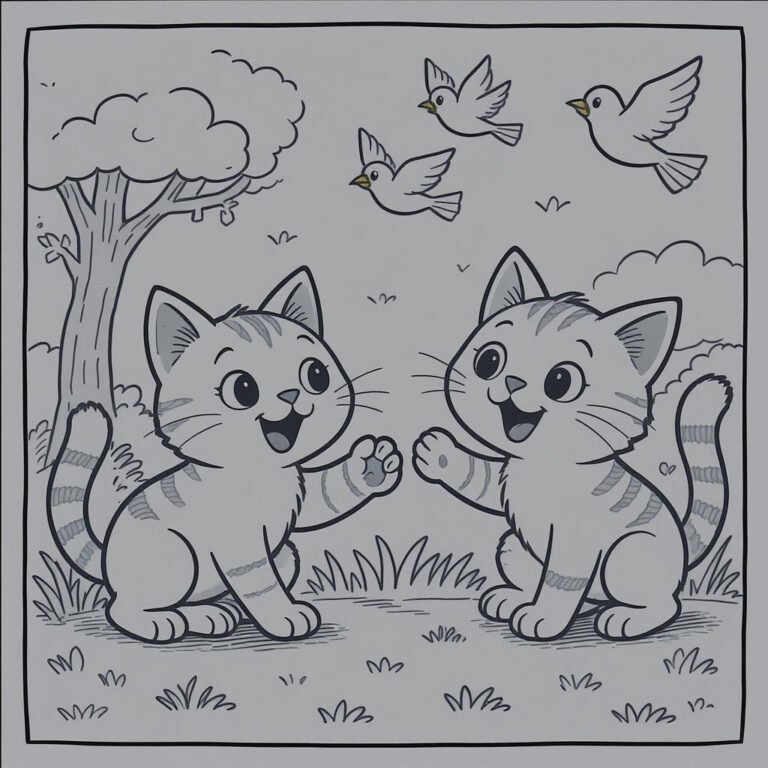 This coloring page features two cats playing beneath three flying birds.