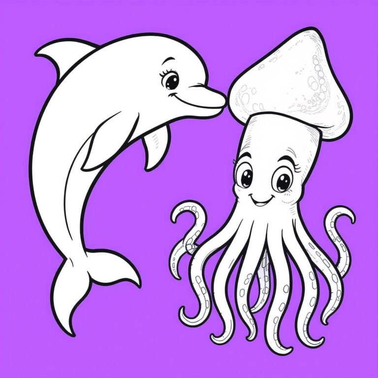 This coloring page features a dolphin and an octopus set against a purple background.