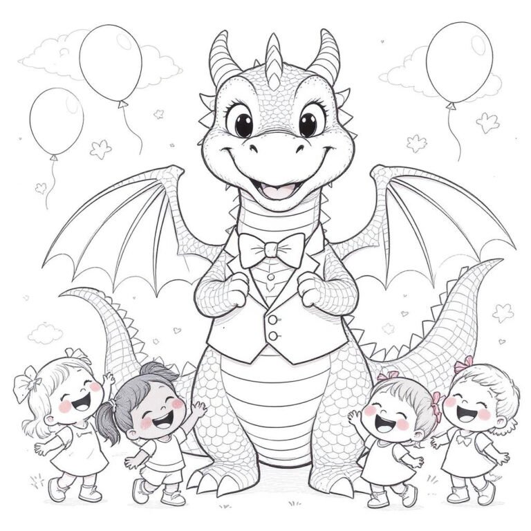 This coloring page features a dragon wearing a waistcoat and bow tie, surrounded by children celebrating with balloons.