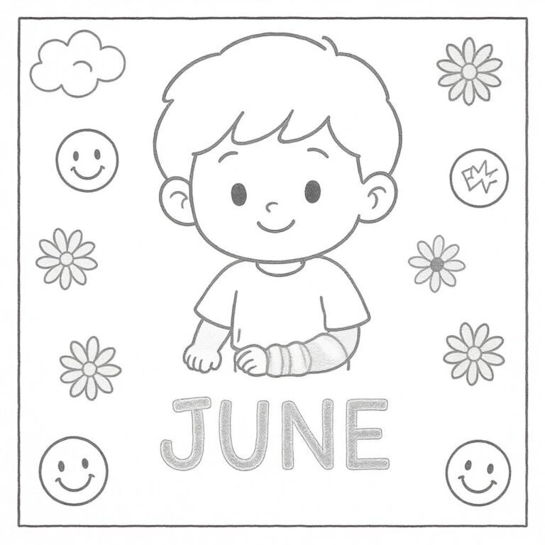 This coloring page features a young boy with his hand bandaged, surrounded by flowers and the word "June."