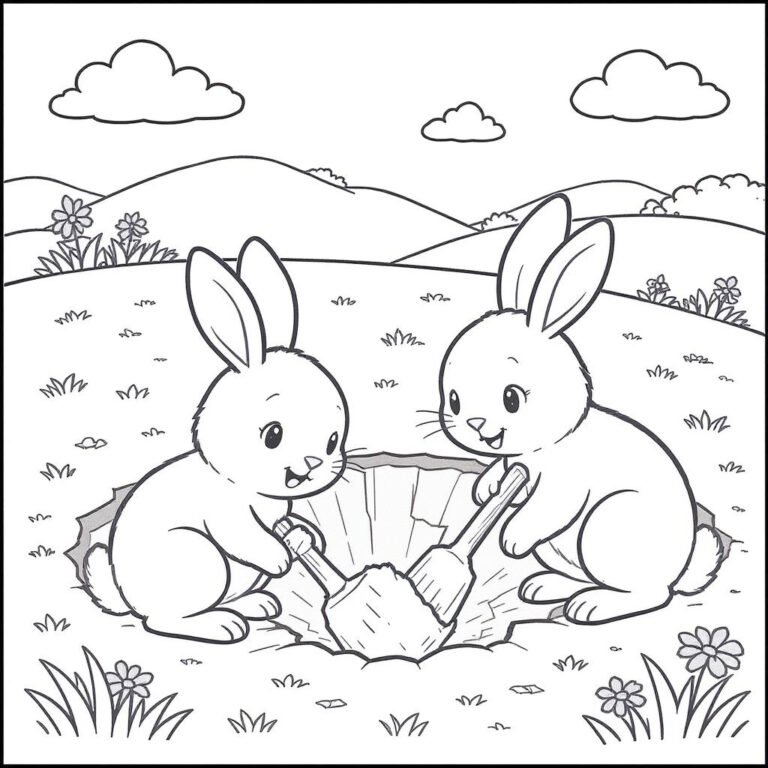 This coloring page features two energetic bunnies using shovel to dig a wide hole in the soft ground.