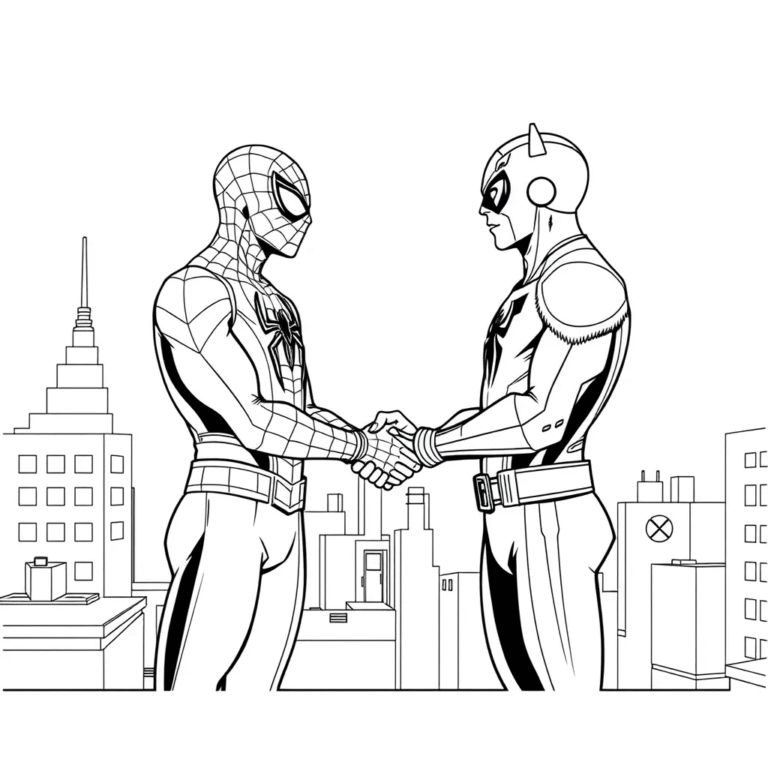 This coloring page features Spider-Man and Daredevil shaking hands on a rooftop.
