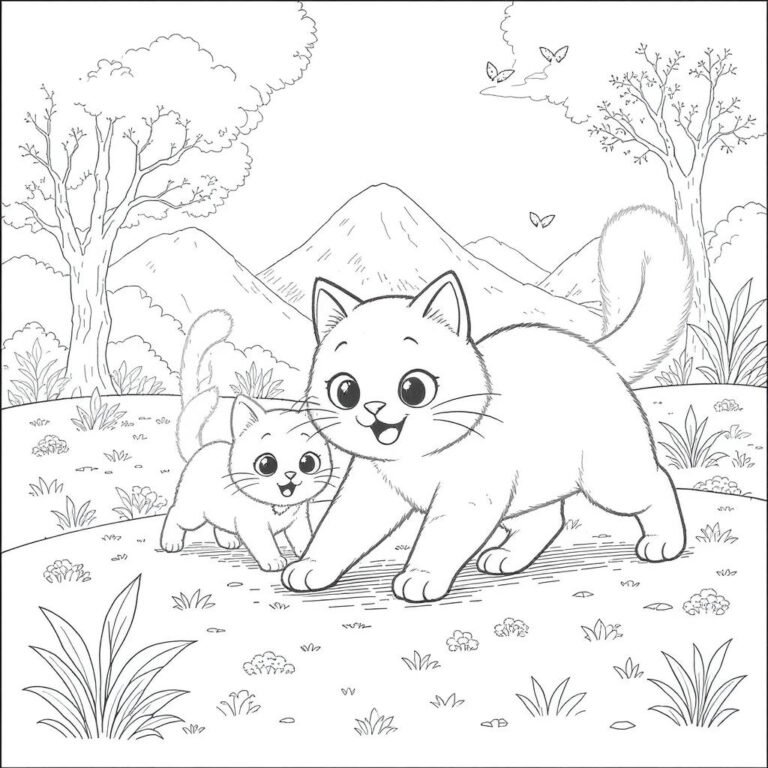 This coloring page features a mother cat playing with its kitten in a forest-like setting