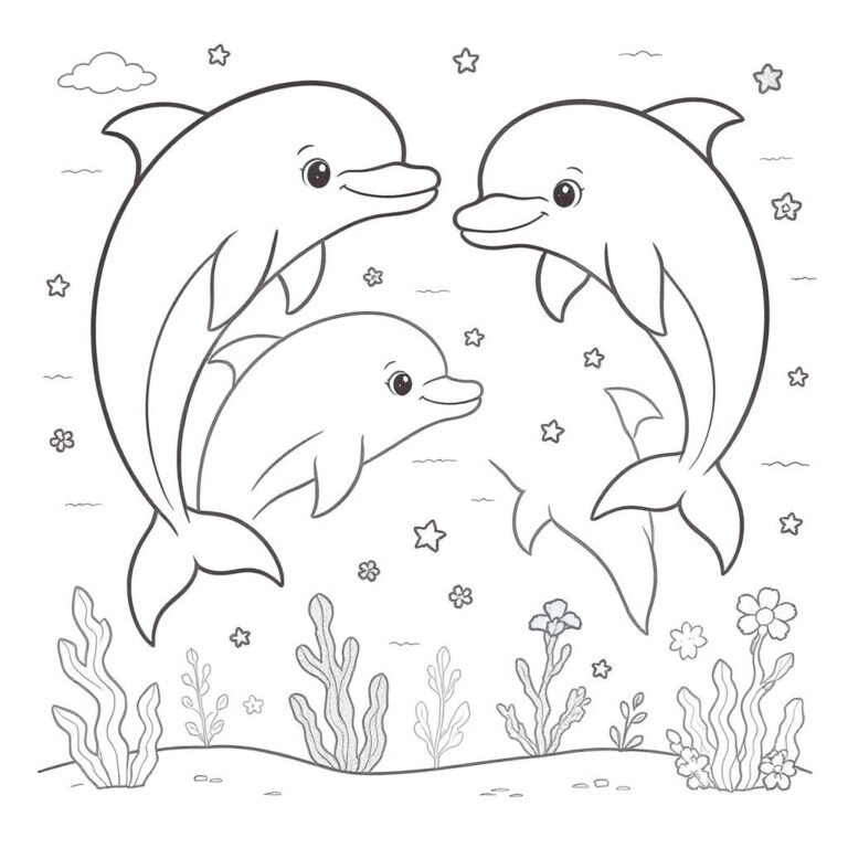 This coloring page features three dolphins underwater surrounded by plants and bubbles.
