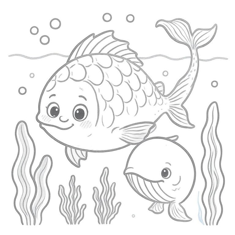 This coloring page features a fish and a dolphin swimming in the sea, surrounded by seaweed and playful water bubbles.