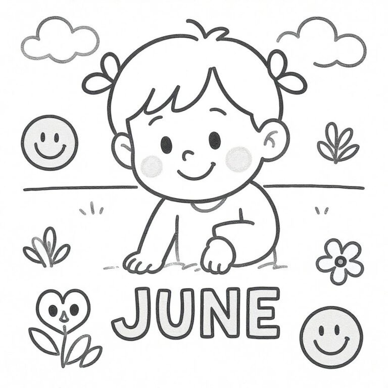This coloring page features a young girl with the word "June" surrounded by flowers and emojis.